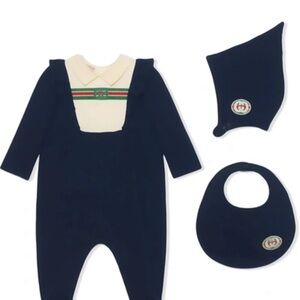 Navy Baby Outfit Set with Bib and Hat